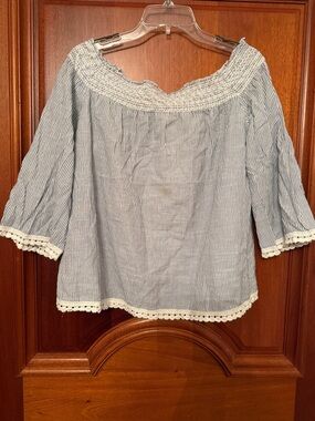 girl krazy Blue and White Pinstripe Off-Shoulder Top with Crochet Trim